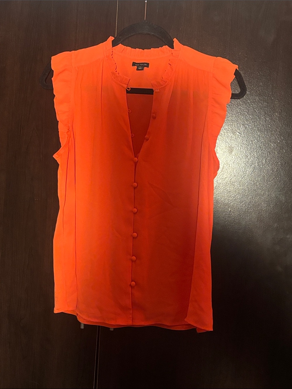 Ann Taylor Bright Orange Sleeveless Ruffle-Trim Button Blouse